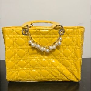 Yellow Bubble quilted pattern purse with pearl chain link